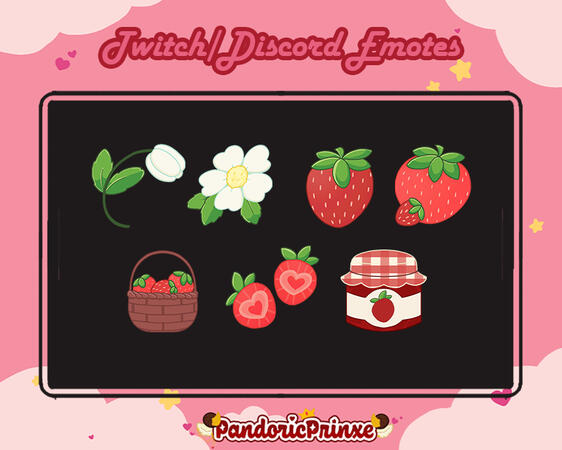 Twitch Strawberry Emotes Black The strawberry lifecycle as emotes into jam on a black background.