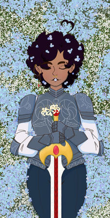 Forget Me Not Death A knight laid to rest themed with silver and blue, in a field of forget-me-nots, and Babys breaths. They hold onto a sword and a pair of white spider lilies.