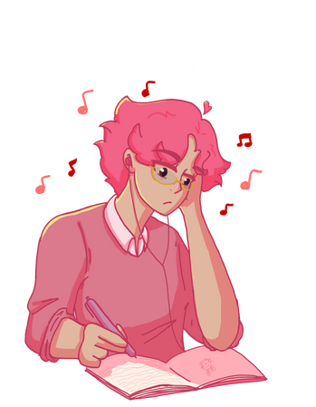 Valentine A pink-themed man listening to music as he studies.
