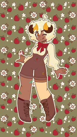 Strawberry Background Cream palette Ares as a ram wearing a bouncy blouse with a strawberry themed brown pair of overalls. The background is littered with strawberries and white blossoms.