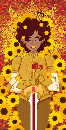 Sunflower Death A knight laid to rest themed with gold and red, in a field of poppies, sunflowers and marigolds. They hold onto a sword and a pair of red spider lilies.