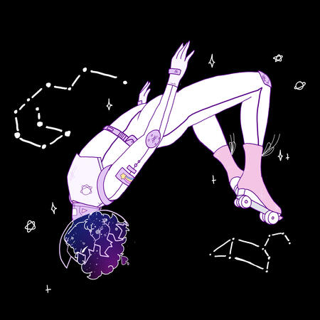See ya later Skater gorl Space background with a purple and pink pastel skater astronaut floating through space. They have a broken helmet with a galaxy head.