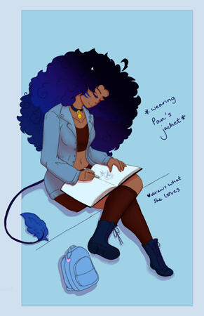 Sky Drawing A neko woman sketching with a sky blue background. Her outfit is themed blue and deep red.