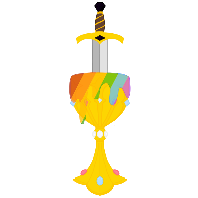 Chalice Logo A chalice overflowing with rainbow liquids. A sword going into it. Trans gems as accents.