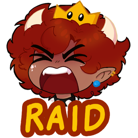 RAID An emote of a redheaded curly take on bowser screaming out. There is a flush of anger across their face. A "RAID" emote.