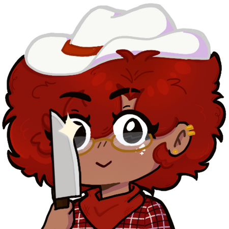 Yeenaw An emote of a redheaded curly cowboy with a glint in their eye behind a knife.