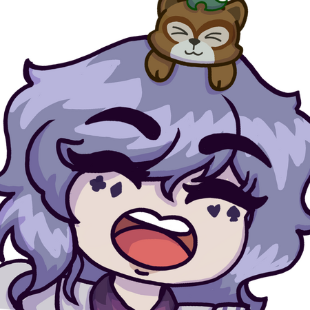 YAY A pastel purple haired excited emote with a creature on their head. The suits as freckles across their face.