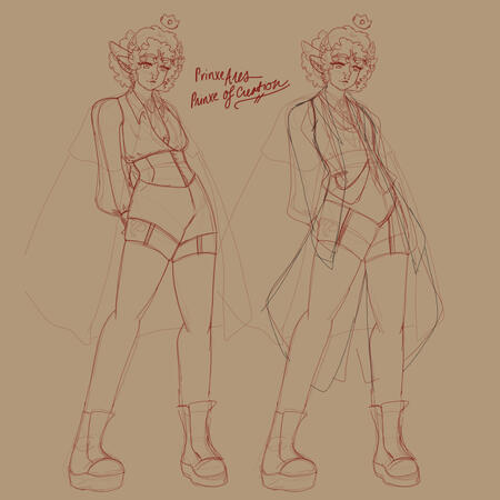 First Draft A rough sketch on a beige brown background with red of Ares as a ram prince.
