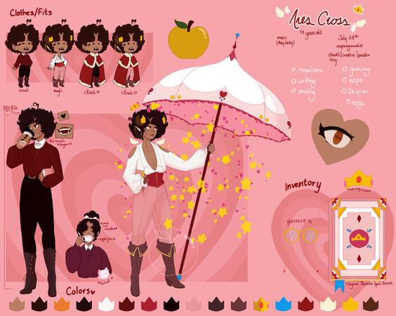 Fourth Ref A complete reference sheet including outfits, inventory, and color. This uses the dark palette used so far but also uses a lighter colored palette now incorporated throughout my artwork.