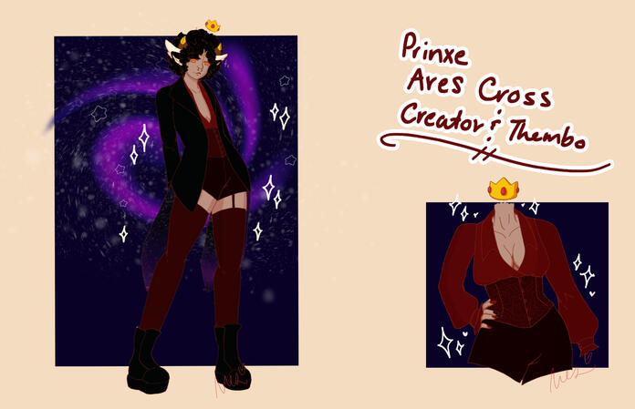 Second Draft - November 2021 Refining the colored draft from blobs into a proper shaded version, using purple as a shade with a galaxy background. There is a closer look at the outfit in the bottom right.