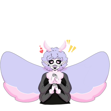Emote A white, pink and purple pastel moth wearing a black dress. She is clasping both hands together (all eight) in excitement.