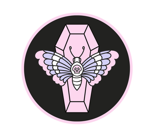 Based Off Of A pastel skull moth design with white, purple and pink on a pink coffin.