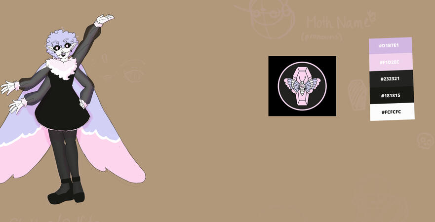 First Idea The human design of the pastel moth, a pastel sort of gothic design. A white, pink and purple pastel moth wearing a black dress.