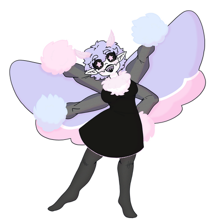 Final Design A cheerleader pose of the humanoid moth. A white, pink and purple pastel moth wearing a black dress.