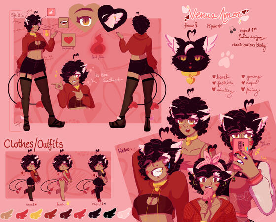 Final Design, Reference Sheet - May 2022 A full reference sheet of poses, colors, outfits (back and front), and specifics.