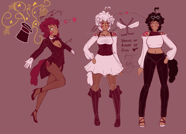 Second Draft - 2021 Rough coloring of the sketch from the previous picture. A closer look at the 3 versions. Magic, an angelic version and taking the fashionista verstion further.