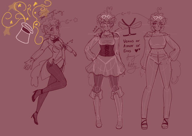 Second Draft Sketch - 2021 A sketch in dark maroon over a grey-pink background of 3 different versions of Venus for designs.