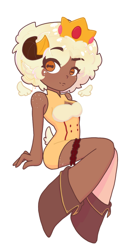 Ares drawn in a digital format as an cream blonde ram with angel wings. An outfit with cream yellows and reds and a crown with pink and red gems. Posed with a cute shoulder look.